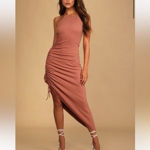 Break the Rules Rusty Rose Ruched Asymmetrical Midi Dress